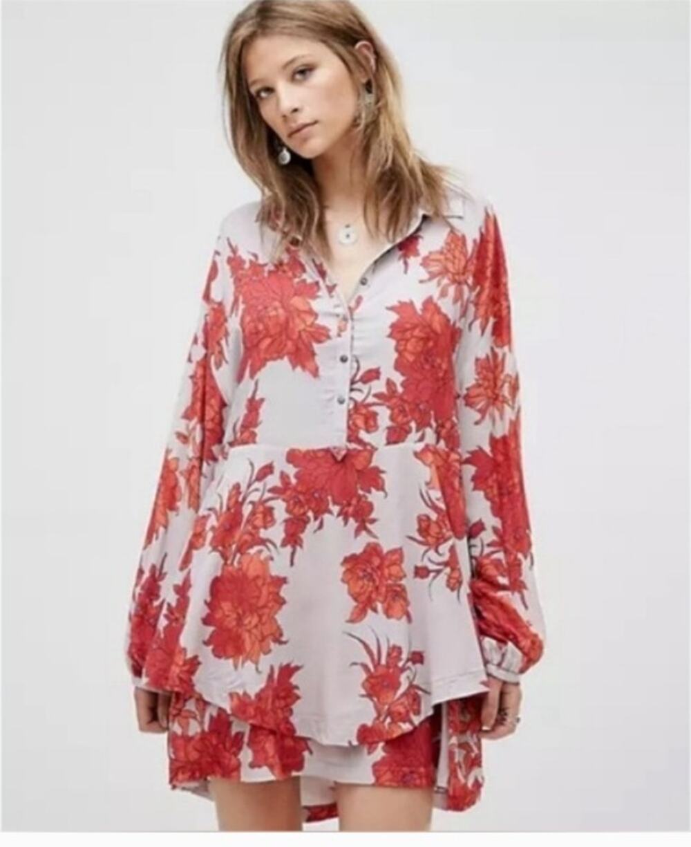 Free People Shake It Printed Mini Dress Womens Large Gray Red Floral Boho **FLAW